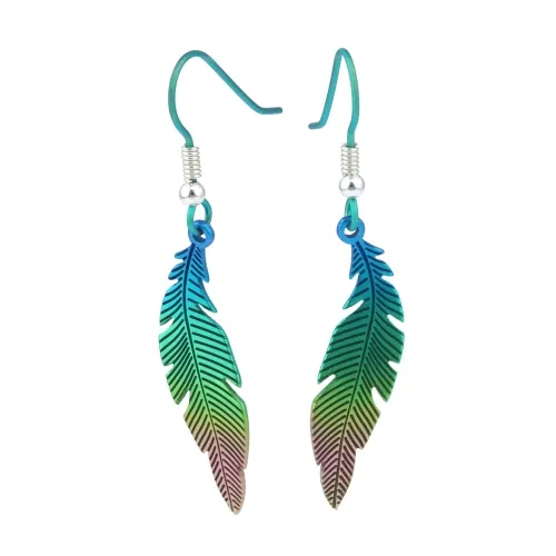 Large Feather Green Rainbow Drop & Dangle Earrings